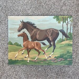 Vintage Unframed Paint By Numbers Horse Art Running Adult and Foal MCM 16x12